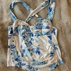 Free People Blue and White Ruched Camisole Top